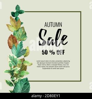 Herbst Sale Banner mit bunten Aquarell Herbstblätter. Vektorhintergrund. Layout für Rabattmarken, Flyer und Shopping. Stock Vektor