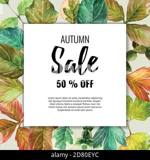 Herbst Sale Banner mit bunten Aquarell Herbstblätter. Vektorhintergrund. Layout für Rabattmarken, Flyer und Shopping. Stock Vektor