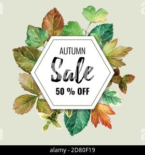 Herbst Sale Banner mit bunten Aquarell Herbstblätter. Vektorhintergrund. Layout für Rabattmarken, Flyer und Shopping. Stock Vektor