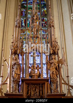 Detail des holzgeschnitzten Altars des Holly Blood von Tilman Riemenschneider in Rothenburg ob der Tauber St. Jakob Kirche Stockfoto
