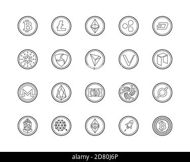 20 beliebtesten Kryptowährung Logo-Set - Bitcoin, Litecoin, ethereum, Welligkeit und andere. Zeilensymbol eingestellt. Stock Vektor