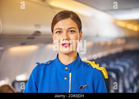 Nette Stewardess, die mit einem Lächeln auf die Kamera schaut Stockfoto
