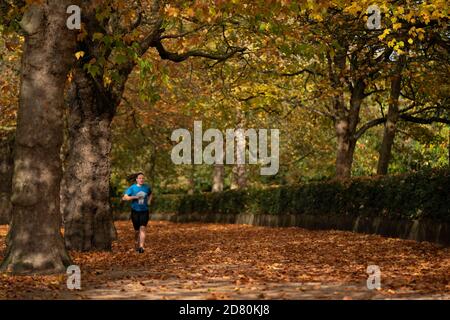 Liverpool, Großbritannien. Oktober 2020. Ein Läufer wird unter Herbstblättern in der Nähe von Sefton Park in Liverpool, Großbritannien, gesehen. Kredit: Jon Super/Alamy Live Nachrichten. Stockfoto