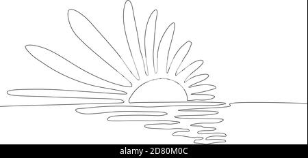 Kontinuierliche eine Linie zeichnen. Sonnenuntergang auf dem Meer. Vector Illustration. Stock Vektor