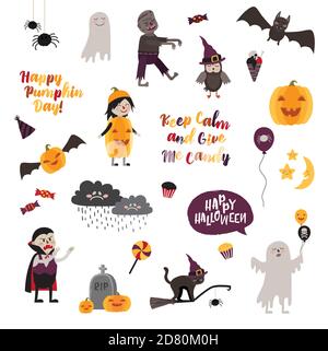 Set von halloween Design-Elemente – Objekte, Zeichen, Artikel, Symbole und Comic-Figuren. Vektorgrafik. Stock Vektor