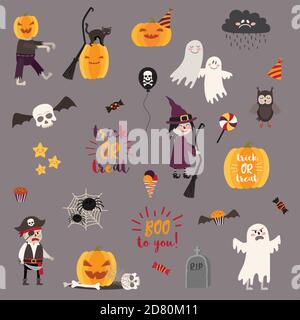 Set von halloween Design-Elemente – Objekte, Zeichen, Artikel, Symbole und Comic-Figuren. Vektorgrafik. Stock Vektor