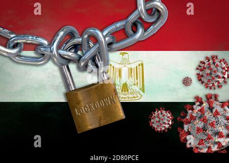 Konzept der Coronavirus-Sperre in Ägypten, mit Covid-19-Partikeln überschattet Flagge Ägyptens. Stockfoto