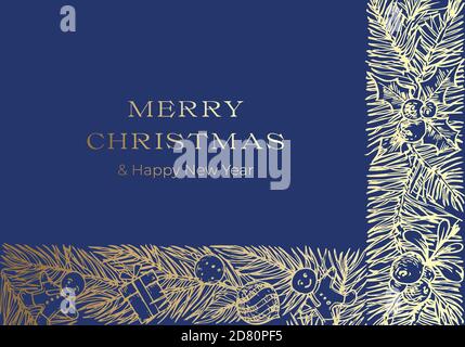 Weihnachtsgrüße Vektor-Banner-Vorlage. Winterurlaub Doodle Kiefer Zweige Dekorative Streifen Skizzen auf blauem Hintergrund. Neujahrsetikett oder Karte Stock Vektor