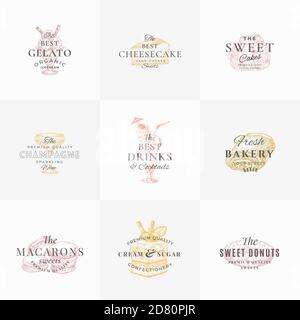 Süßwaren Süßigkeiten und Getränke abstrakte Zeichen, Symbole oder Logo Vorlagen Sammlung. Handgezeichnetes Eis, Donut und Kuchen mit Typografie. Lokal Stock Vektor