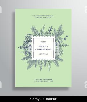 Weihnachten abstrakten Vektor quadratischen Rahmen Grußkarte, Poster oder Urlaub Hintergrund. Skizze Kiefer, Stechpalme, Mistelzweige und Blumen. Sanfter Urlaub Stock Vektor