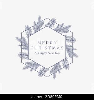 Frohe Weihnachten abstrakte Botanische Karte mit Hexagon Frame Banner und moderner Typografie. Skizzenlayout Für Premium-Grußansage. Winter Holiday Emblem Konzept Stock Vektor