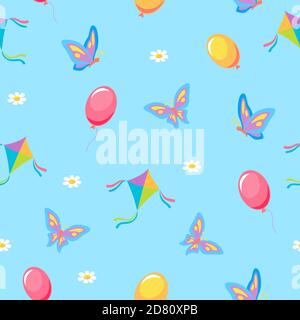 Sommer Kinder Urlaub nahtlose Muster. Roter Ballon fliegende lila Schmetterlinge mit gelber Tönung luftigen Spielzeug Drachen. Stock Vektor