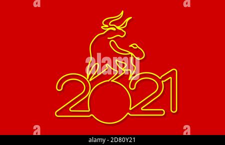 Gold Bull auf rotem Hintergrund. Fortlaufende eine-Linie-Zeichnung. Chinesisches Neujahr 2021 Jahr des Bullen. Vektorzeichnung mit schwarzem Umriss. Stock Vektor