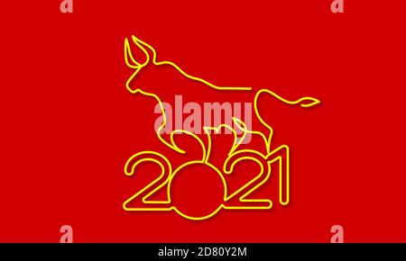 Gold Bull auf rotem Hintergrund. Fortlaufende eine-Linie-Zeichnung. Chinesisches Neujahr 2021 Jahr des Bullen. Vektorzeichnung mit schwarzem Umriss. Stock Vektor
