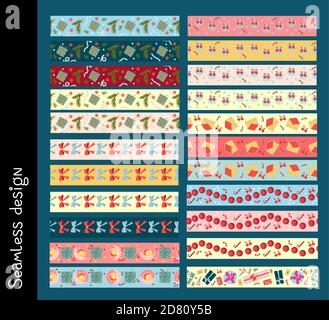 Festlicher Rahmen, Vorlagensatz. Eine große Sammlung von Gratulationsborten, Ornamenten, Bürsten. Abstrakte geometrische Trennwände, Design mit saisonalen Symbolen Stock Vektor