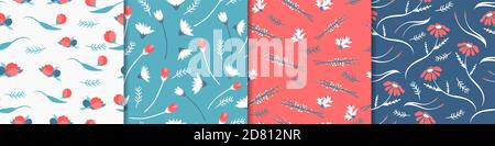 Wildblumen Nahtloses Muster. Rote weiße Tulpen mit grünen fliegenden Blättern rote Gänseblümchen mit länglichen weißen Stielen. Stock Vektor