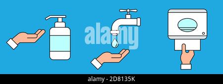 Farbsymbol für das Handwaschverfahren. Anleitung zum sicheren Händewaschen. Schritte: Verwenden Sie Seife, schrubben, spülen und trocknen. Seifenspender, Wasserhahn, Papiertücher Stock Vektor