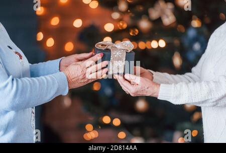 Nahaufnahme der weihnachtskiste, die von zwei alten hält Frauen im weihnachtlich dekorierten Zimmer Stockfoto
