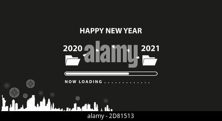 Ladebar mit Übergang von 2020 auf 2021 Neujahr. New york City Silhouette auf schwarzem Hintergrund. Frohes neues Jahr Karte mit Fortschrittsbalken. Vektor-il Stock Vektor