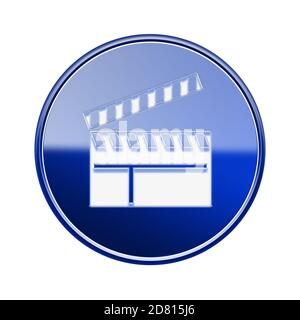 Film Klapper Board Symbol glänzend blau, isoliert auf weißem Hintergrund. Stockfoto