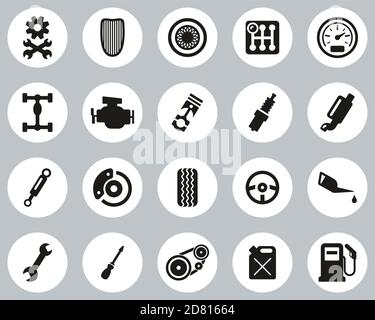 Hot Rod Kultur & Teile Icons Schwarz & Weiß Flach Design Kreis Set Groß Stock Vektor