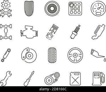 Hot Rod Kultur & Teile Icons Schwarz & Weiß Dünn Zeilensatz Groß Stock Vektor