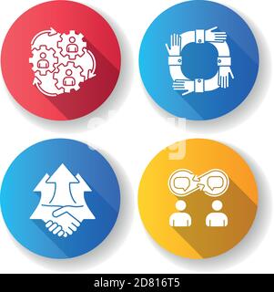 Kooperation flache Design lange Schatten Glyphe Icons Set Stock Vektor