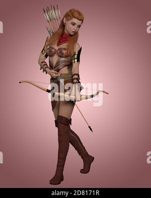 3D Illustration Porträt von schönen Elfen Frau mit Fantasy-Hintergrund Stockfoto