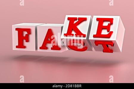 Würfel mit Buchstaben umkehren und die Wörter ändern sich von TATSACHE zu FÄLSCHUNG. 3d-Rendering Stockfoto