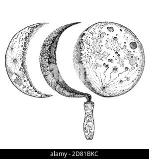 Sichel- und Mondphasen. Schwindende und halbmondförmige Mond. Hand gezeichnete Tinte Stift Illustration isoliert schwarz auf weiß. T-Shirt-Print, Tattoo-Design dotwork Stil Stockfoto