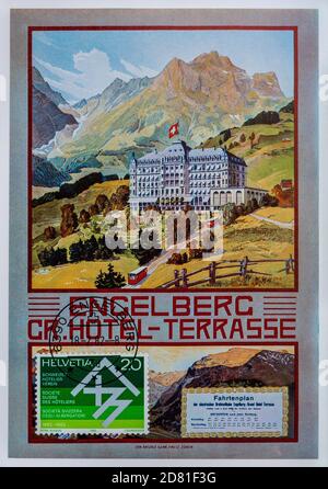 1982 Schweizer Postkarte mit einem Werbeplakat von 1909 für das Grand Hotel Terrasse Engelberg, Schweiz. Stockfoto