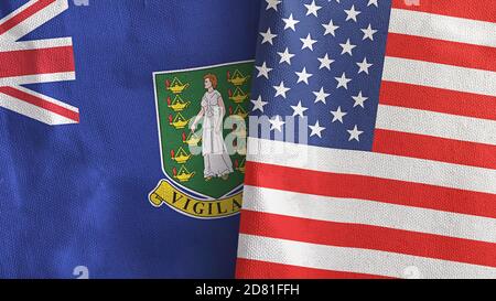 Vereinigte Staaten und Jungferninseln Britische zwei Flaggen Textiltuch 3D-Rendering Stockfoto