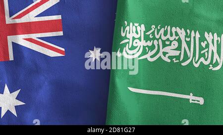 Saudi-Arabien und Australien zwei Flaggen Textil Stoff 3D-Rendering Stockfoto