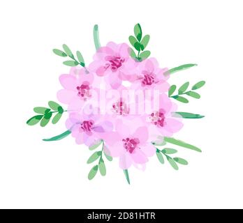 Bouquet von rosa Blumen mit grünen Blatt verziert. Abbildung isoliert auf weißem Hintergrund. Stockfoto