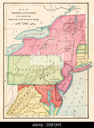 Mittlere Kolonien kurz vor dem Französisch & Indischen Krieg, 1750er Jahre. Farbhalfton Stockfoto