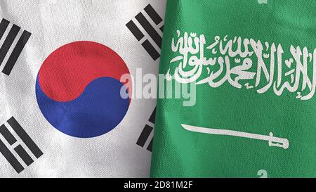 Saudi-Arabien und Südkorea zwei Flaggen Textiltuch 3D Rendering Stockfoto