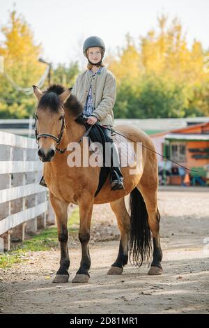 Zufriedene kleine Ingwer Mädchen Reiten auf einem kleinen braunen Pferd. Eine Peitsche halten Stockfoto