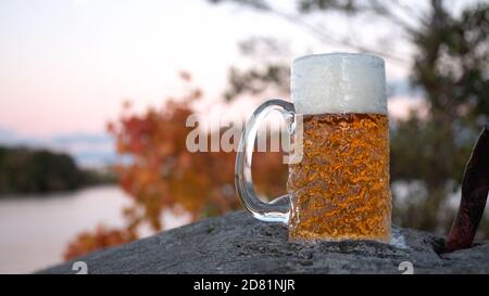 An einem kalten und knackigen Herbstabend sitzt ein kaltes Lagerbier auf den Felsen des vorstädtischen Archipels in Stockholm, Schweden. Stockfoto