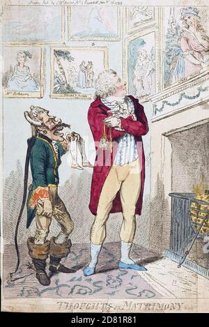 GEORGE IV. (1762-1830) als Prinz von Wales in einem Cartoon mit dem Titel "Thoughts of Matrimony" aus dem Jahr 1795 zeigt ihn, wie er Porträts seiner verschiedenen Mätressen, darunter Lady Jersey, anschaut. Er hält eine Fob mit einem Bild seiner späteren Braut, seiner ersten Cousine, Caroline von Braunschweig. Der deutsche Höfling links betont die winzige Größe von Carolines Füßen. Stockfoto