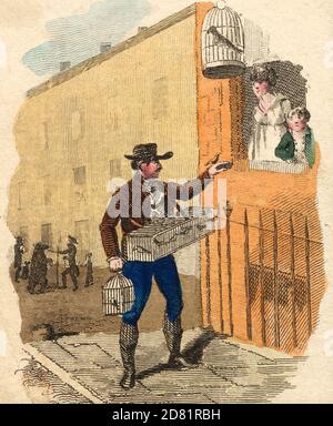 STRASSENVERKÄUFER: Mann, der Singvögel verkauft, um 1810. Beachten Sie den 'tanzenden Bären' im Hintergrund. Aus 'The Itinerant Traders of London' von William Craig (1804) Stockfoto