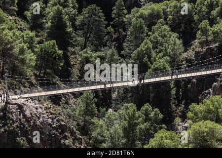 26. Oktober 2020: 26. Oktober 2020 (Canillas de Aceituno, Malaga )der große Weg von Malaga hat ab diesem Montag eine neue und spektakuläre Attraktion in der Stelle von Saltillo: Eine 50 Meter lange Brücke in einer Schlucht, die die Gemeinden Sedella und Canillas de Aceituno verbindet, und Metallstege, die mehr als hundert Meter hoch auf dem Weg liegen, der diese Gemeinden verbindet. Der Bau der Hängebrücke über den genannten Fluss Almanchares, 50 Meter lang und 1.20 Meter breit, die drittgrößte in Spanien in natürlichen Gebieten, die aus Stahl und Holz hergestellt wurde und die suspen Stockfoto