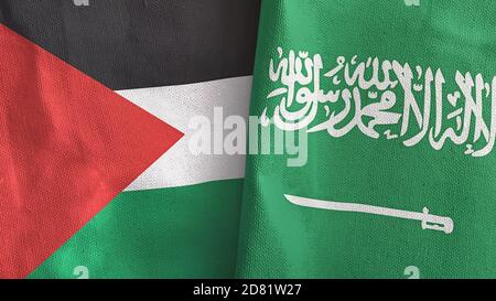 Saudi-Arabien und Palästina zwei Flaggen Textil Stoff 3D-Rendering Stockfoto