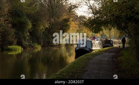 Narrow Boats liegen am Market Harborough Arm des Grand Union Kanals in Foxton Leicestershire England. Stockfoto