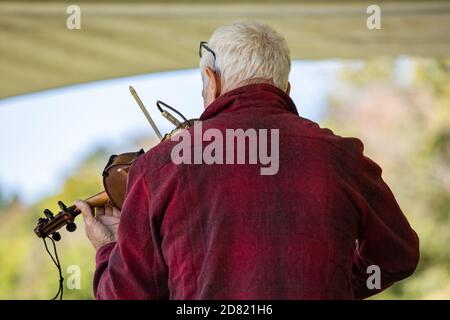 Rückansicht einer reifen Frau mit grauen Haaren, die Geige spielt Instrument im Konzert der kulturellen Fiesta auf der Bühne während der Performance Stockfoto