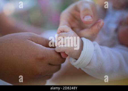 Baby Hand hält die Hand der Mutter. Im Freien. Nahaufnahme Stockfoto