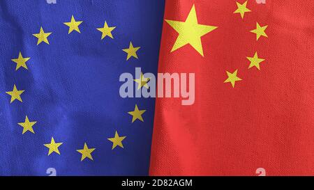 China und die Europäische Union zwei Flaggen Textilgewebe 3D-Rendering Stockfoto