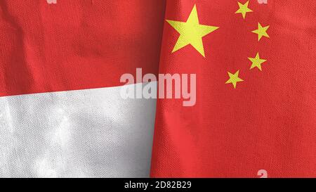 China und Indonesien zwei Flaggen Textil-Tuch 3D-Rendering Stockfoto