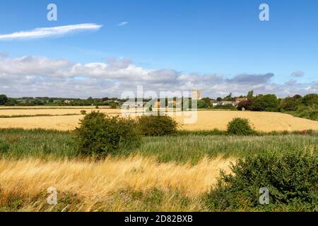 Blick über Felder zur Saint Bartholomew's Church, Orford, Suffolk, UK. Stockfoto