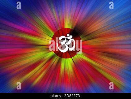 OM Aum Yoga kraftvolle Strahlen religiöser abstrakter Hintergrund. Geometrische kreisförmige zentrische Bewegungseffekte Musterelemente. Dynamische Starburst bunte Linien. Stockfoto