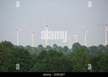 Windmühlen Kraftwerke und Turbinen erzeugen erneuerbare grüne Energie in der Nähe des Kieler Kanals in Deutschland. Stockfoto